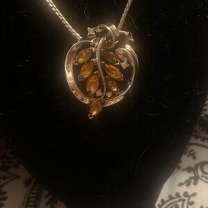 Trifari Gold Leaf Necklace with Amber and White Rhinestone Accents